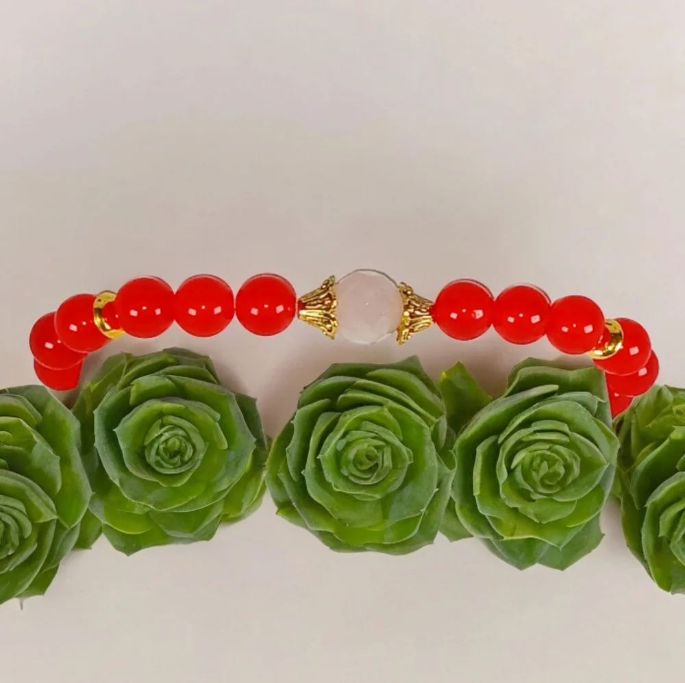 Red Jade & Rose Quartz Crystal Beaded Stretch Bracelet Y2K Mini Mala Lovecore